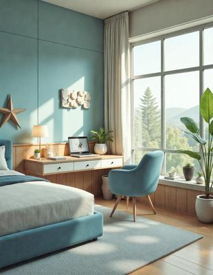 The primary subject of the image is a bedroom with a blue couch, a desk with a laptop, and a chair. The setting is a bedroom with a window, and the visual style is a photo. The colors and mood of the image are predominantly blue, creating a calm and relaxing atmosphere.